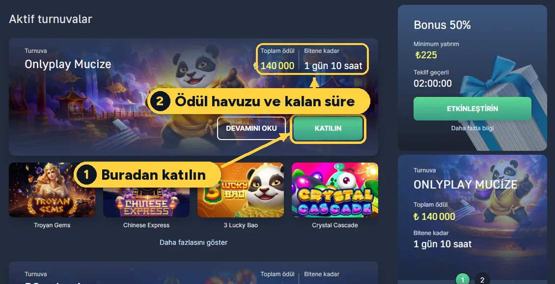 7Slots aktif turnuvalar sayfasında işaretlenmiş Katılın düğmesi, toplam ödül ve bitişe kalan süre