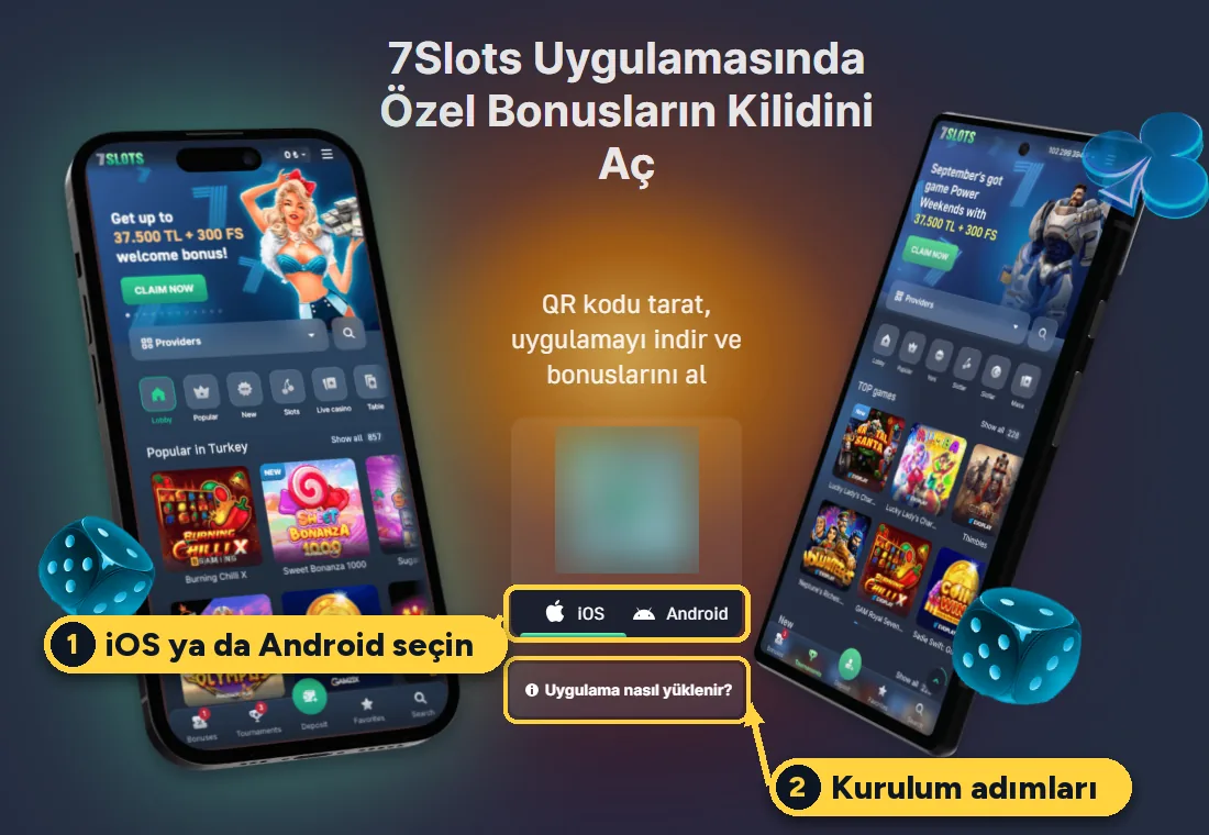 7Slots uygulama indirme sayfasında işaretlenmiş iOS ve Android sekmeleri ile kurulum bağlantısı
